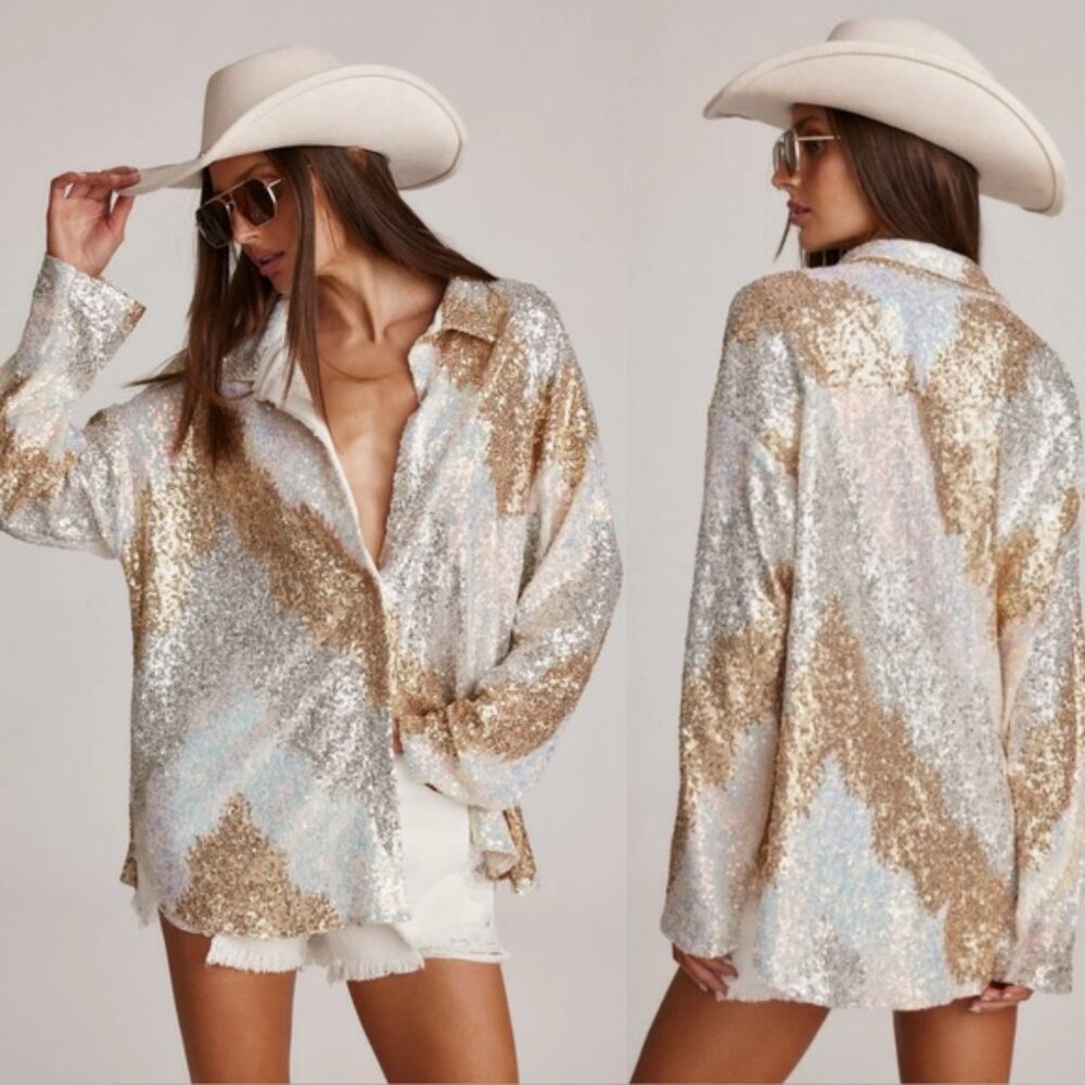 12th Tribe GENEVIEVE Multi Sequin 2pc Set - Button Down & Mini Skirt - Size s/xs